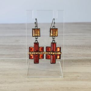 VINTAGE Dark Gray Dangle Earrings With Orange and Red Gems Gothic Style Costume